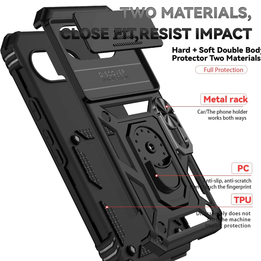 Black dual-material phone case with metal holder plate and impact protection