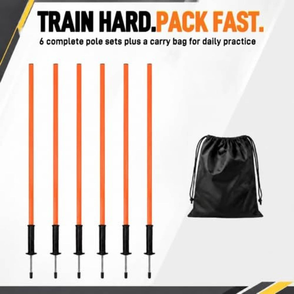 Orange agility training poles with black bases and black drawstring carry bag, set of 6