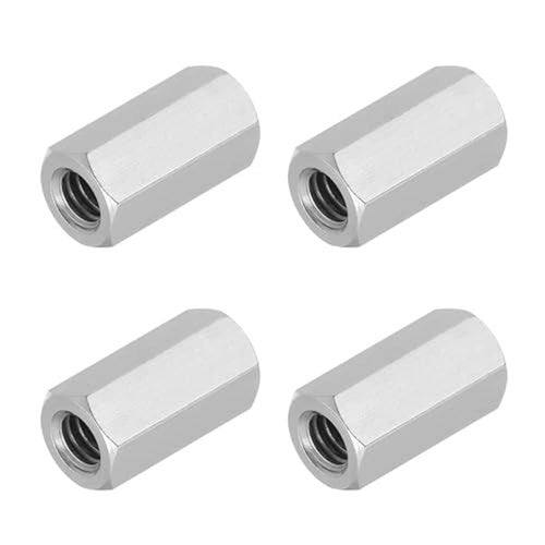 Four stainless steel hex coupling nuts, silver, visible threads on interior