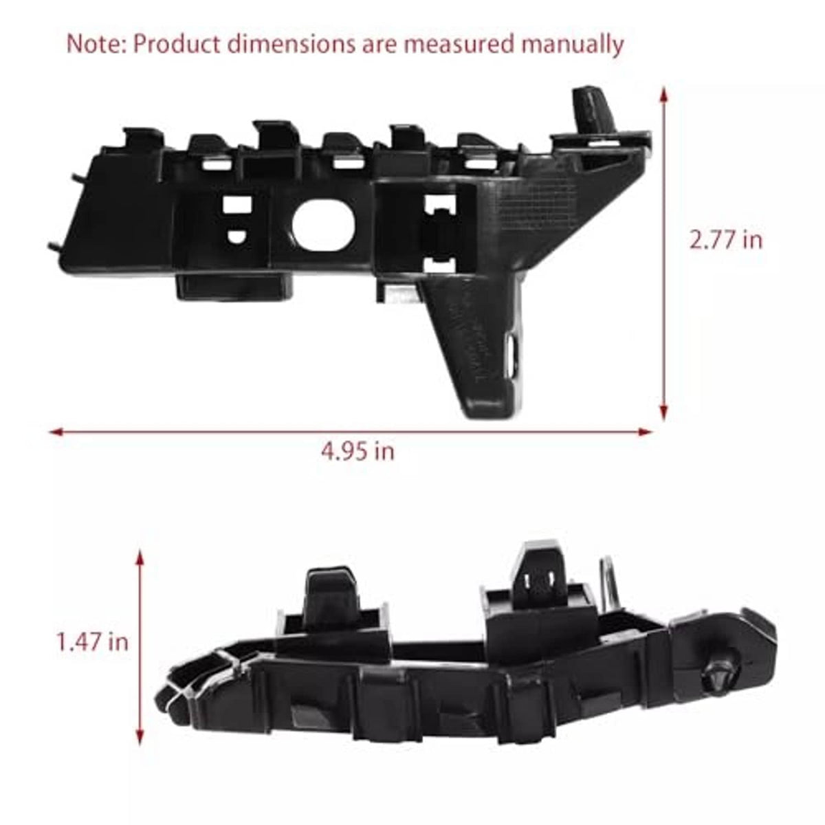 Front bumper bracket, black plastic mount with centered round hole and side tabs