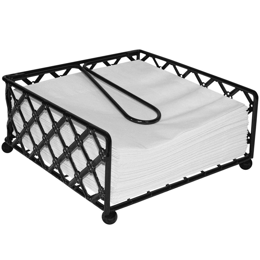 Black lattice napkin holder with white napkins and curved handle on top.