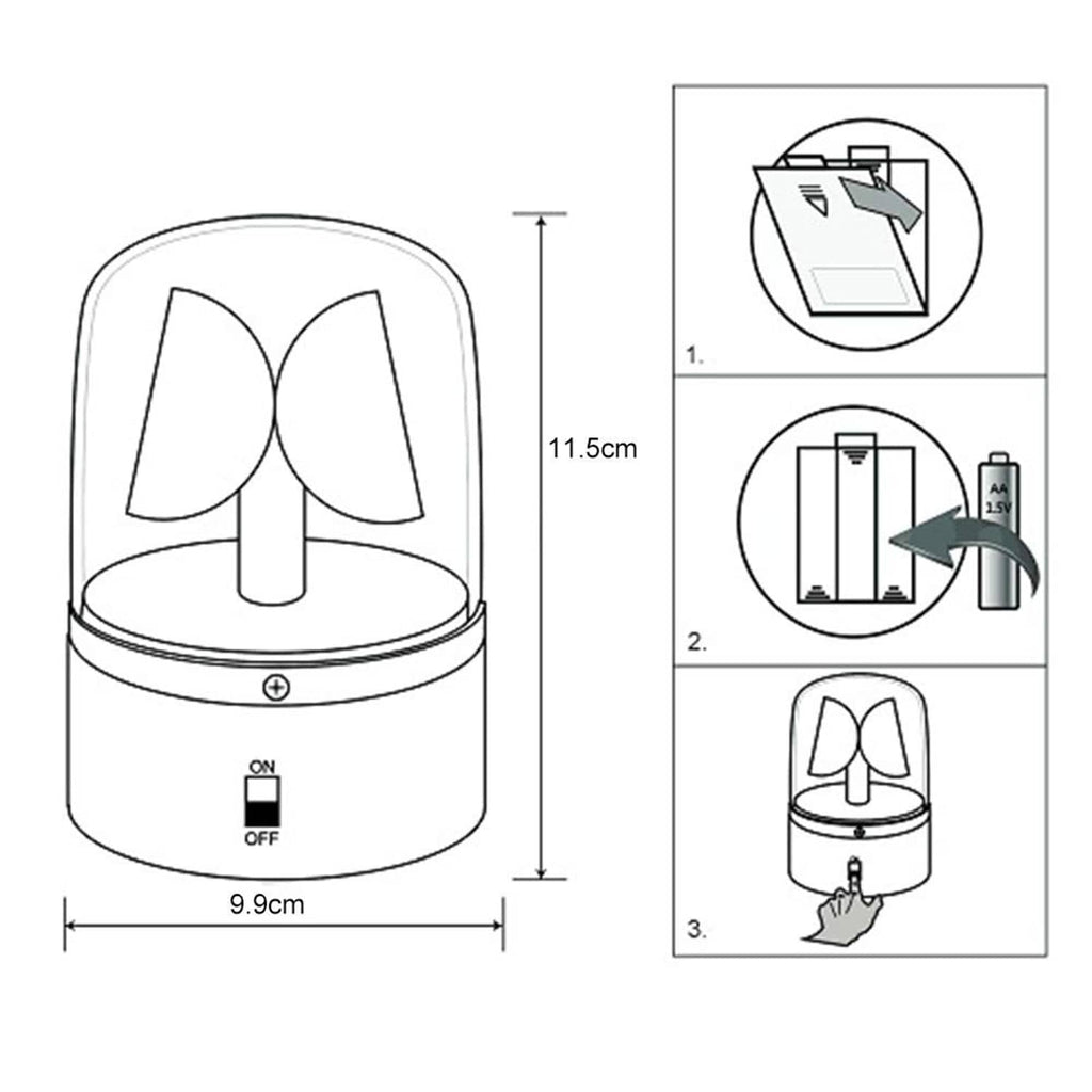 LED strobe disco light diagram with dimensions and on/off controls