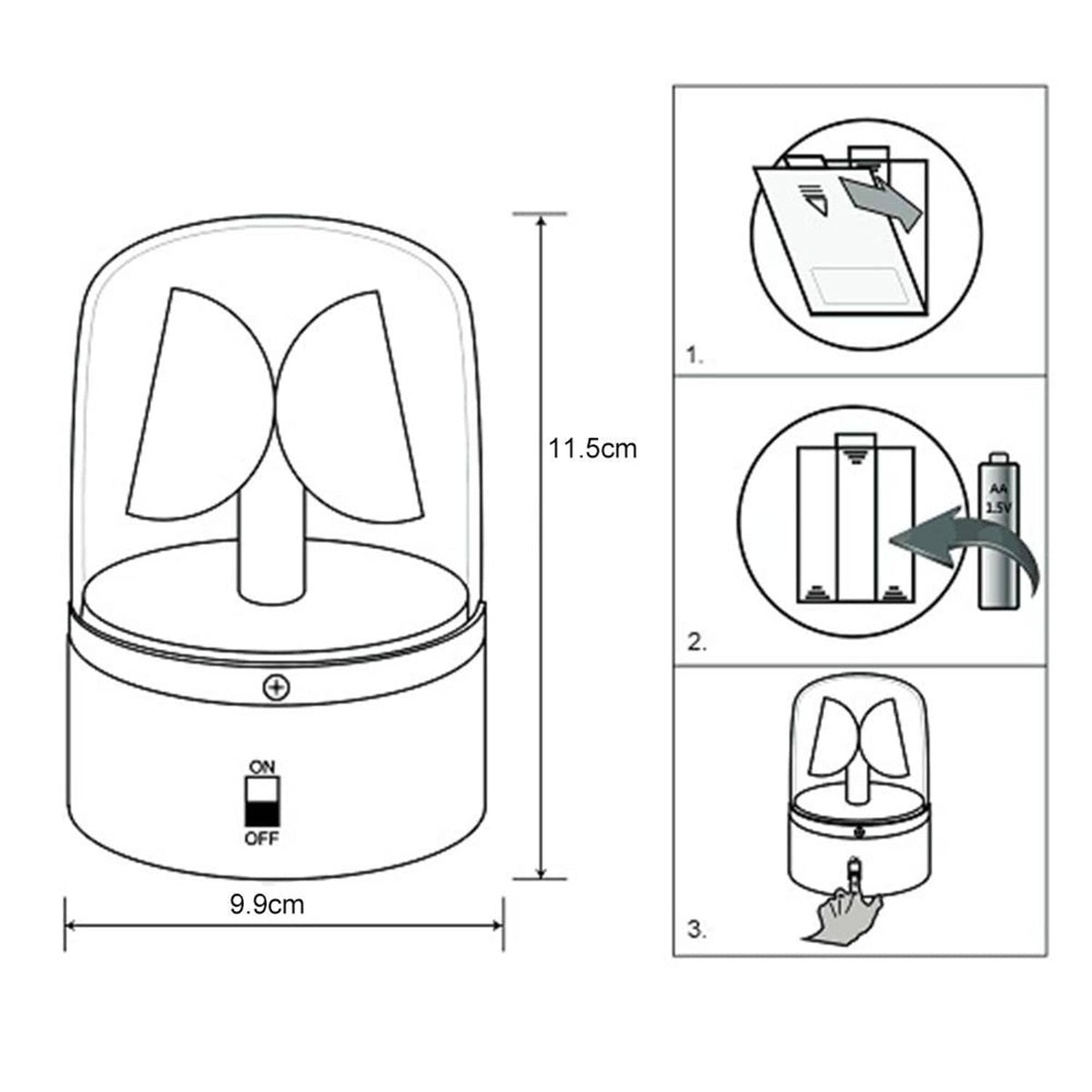LED strobe disco light diagram with dimensions and on/off controls