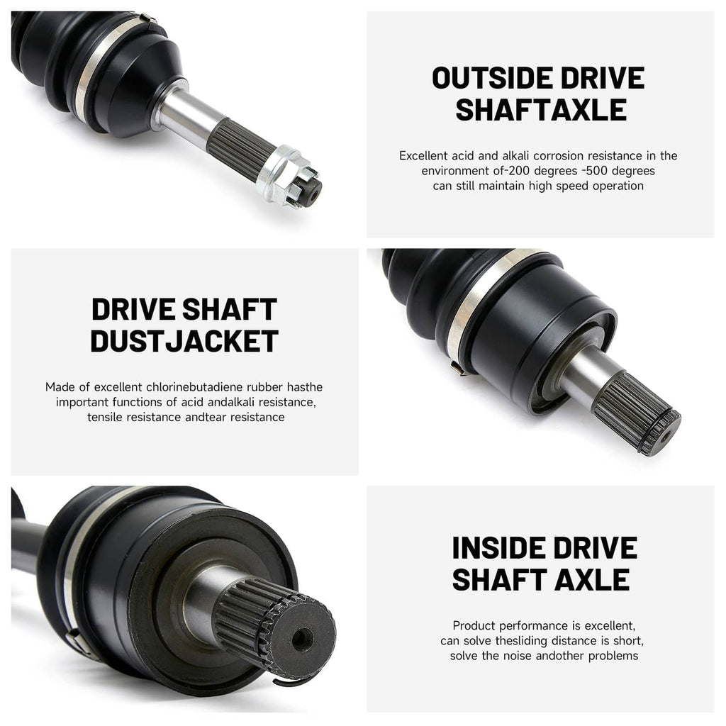CV axle shaft assembly with black drive dust jacket, boots, and metal joint shafts