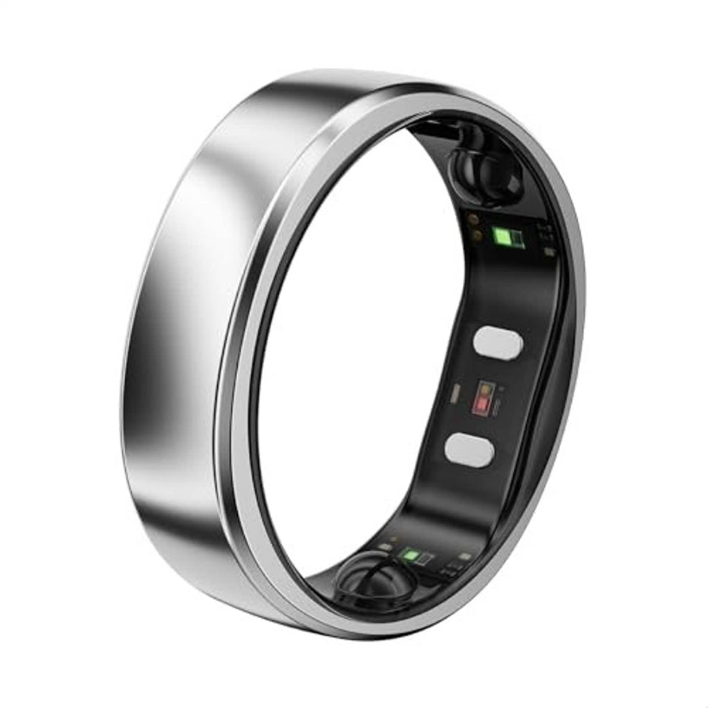 Silver smart ring with black inner display, centered close-up view
