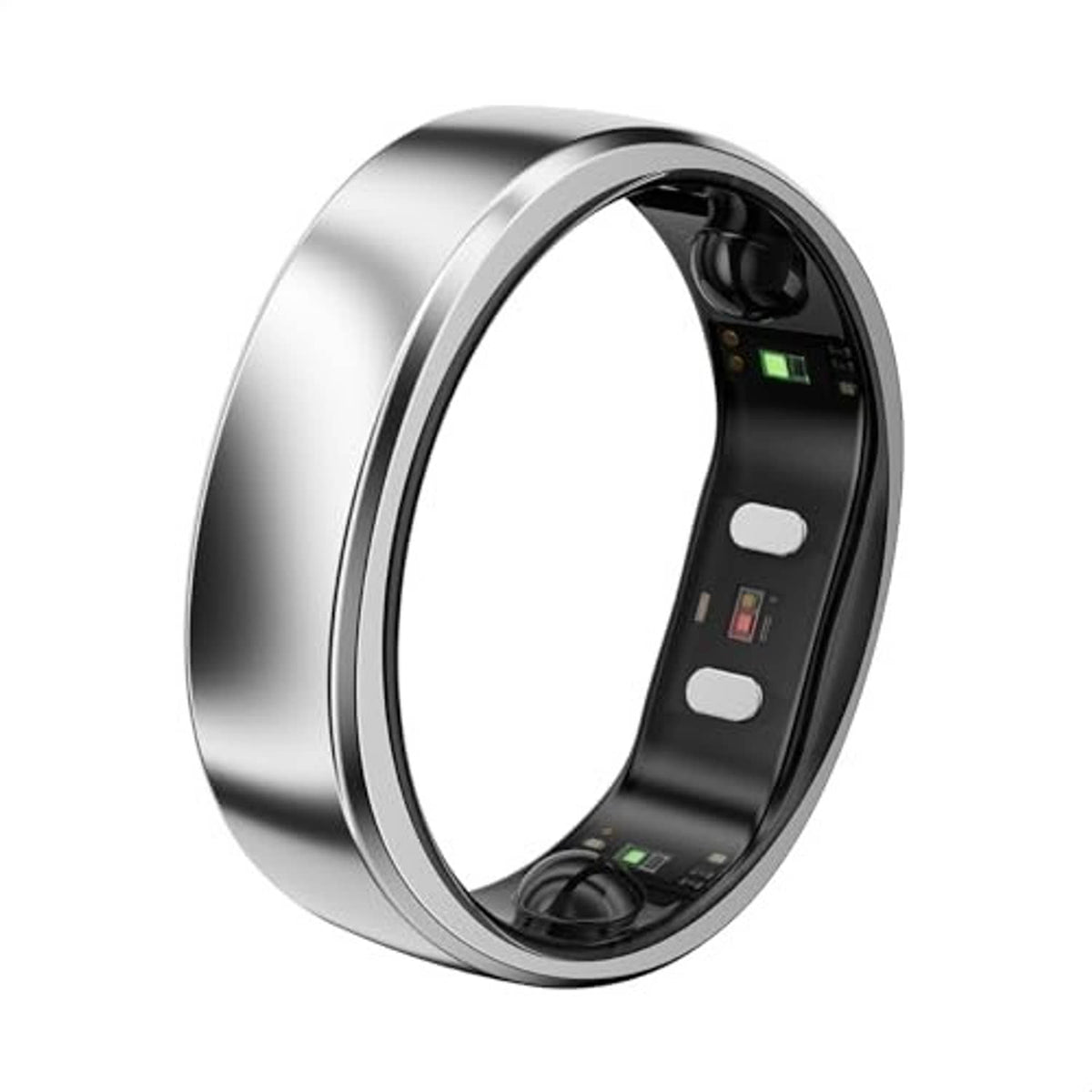 Silver smart ring with black inner display, centered close-up view