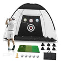 Black and white golf practice net with target screen and open front, plus pegs