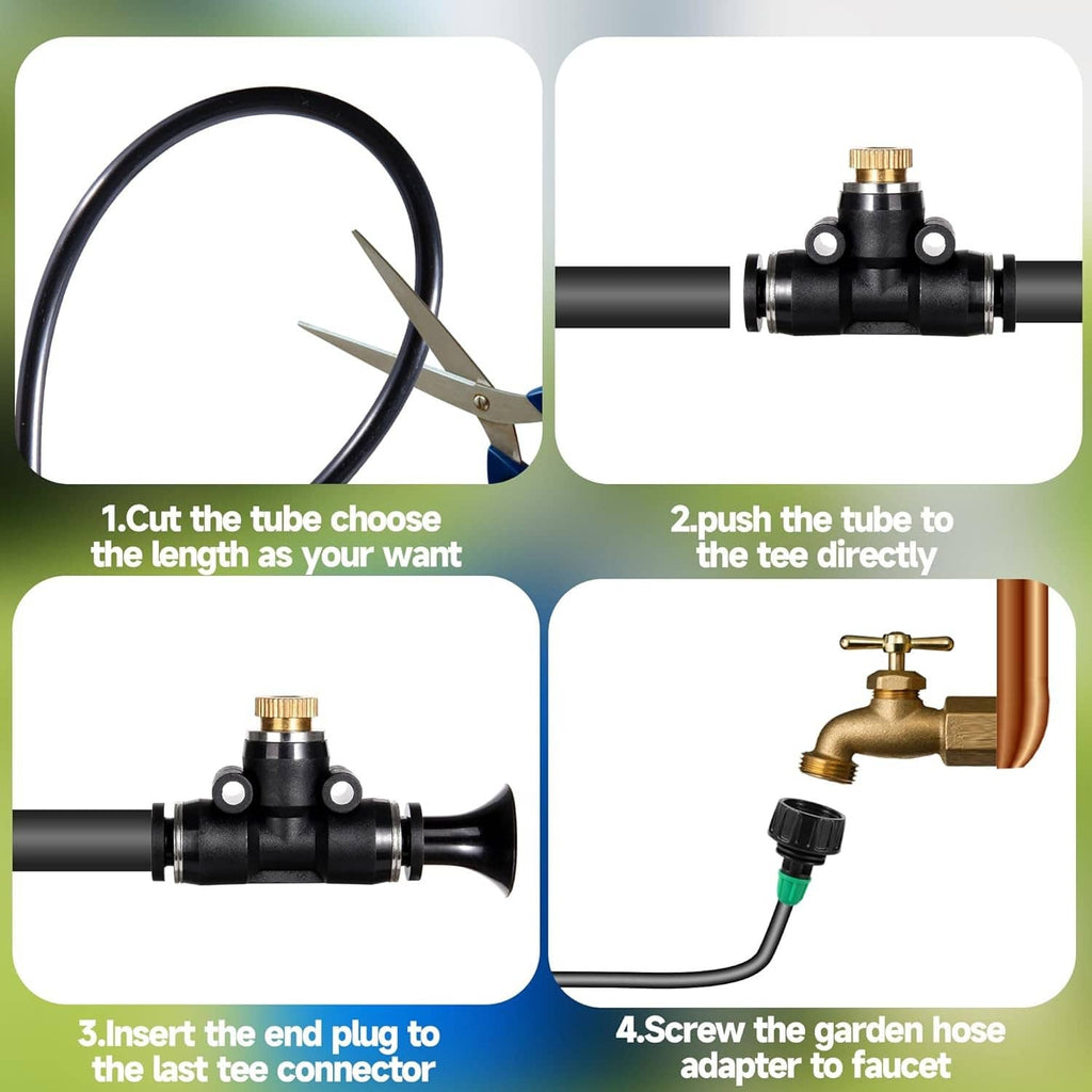 Black misting tee connectors and hose tube pieces with brass garden hose adapter