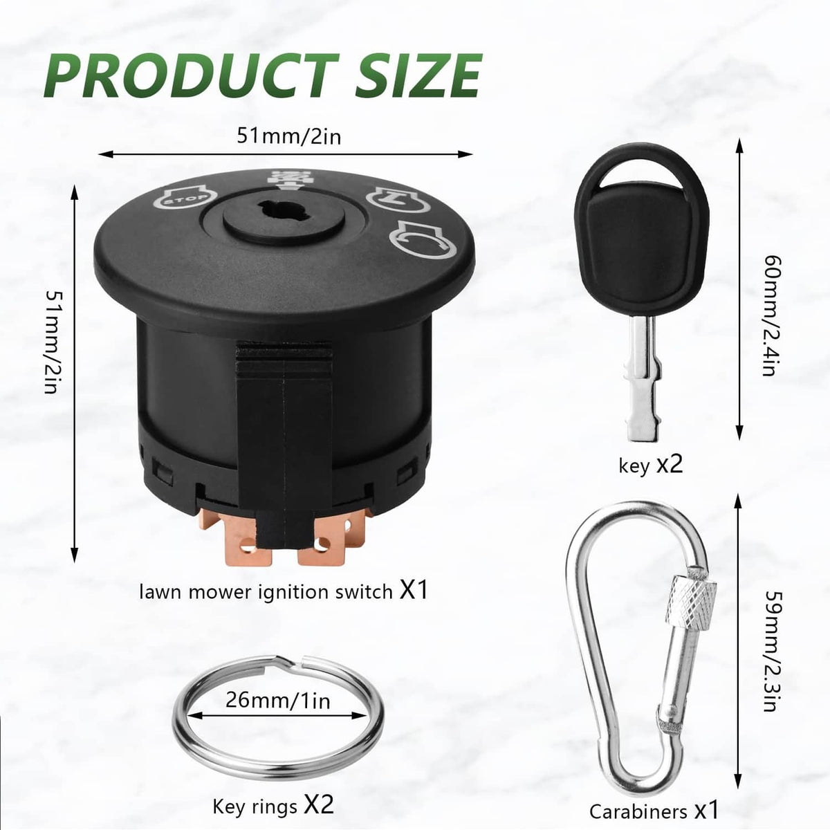 Black ignition switch with key x2 and carabiners for lawn mower