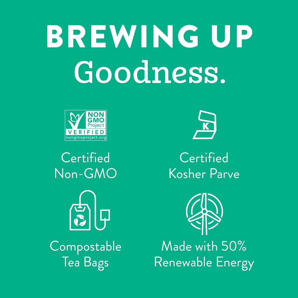 Stash tea certification icons: Non-GMO, Kosher Parve, compostable tea bags