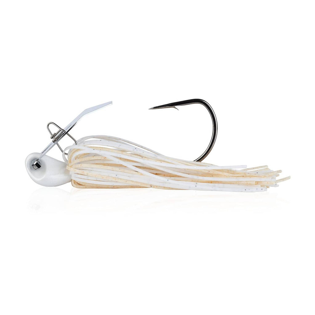 White bladed jig with black hook and pale skirt strands, metal blade head