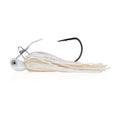 White bladed jig with black hook and pale skirt strands, metal blade head