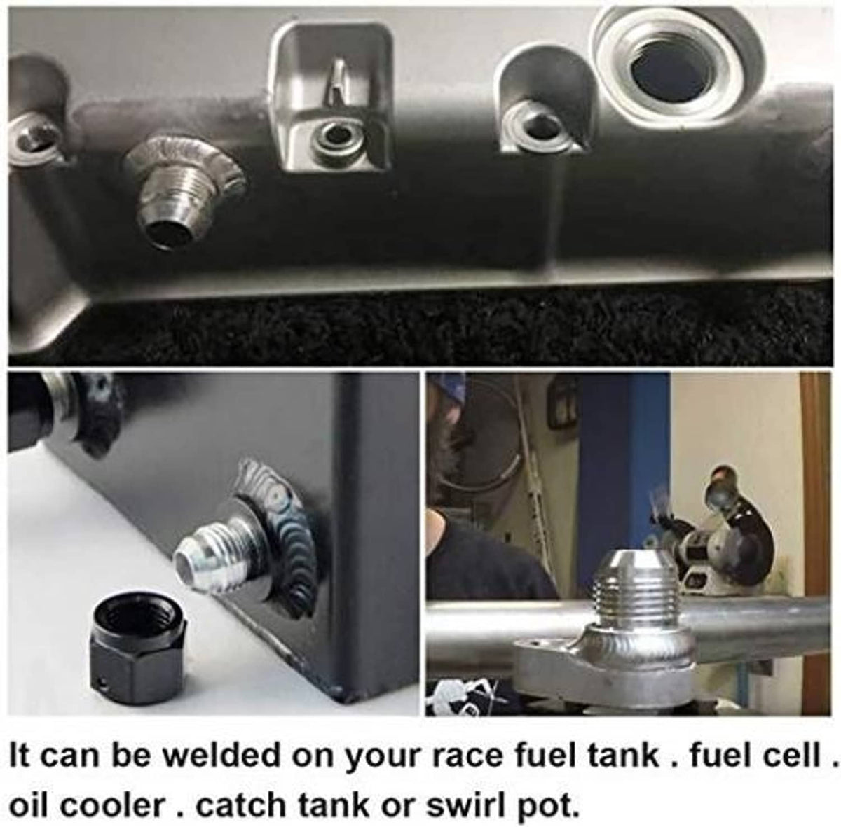 Male weld-on bung fitting for welding to race fuel tank or oil cooler