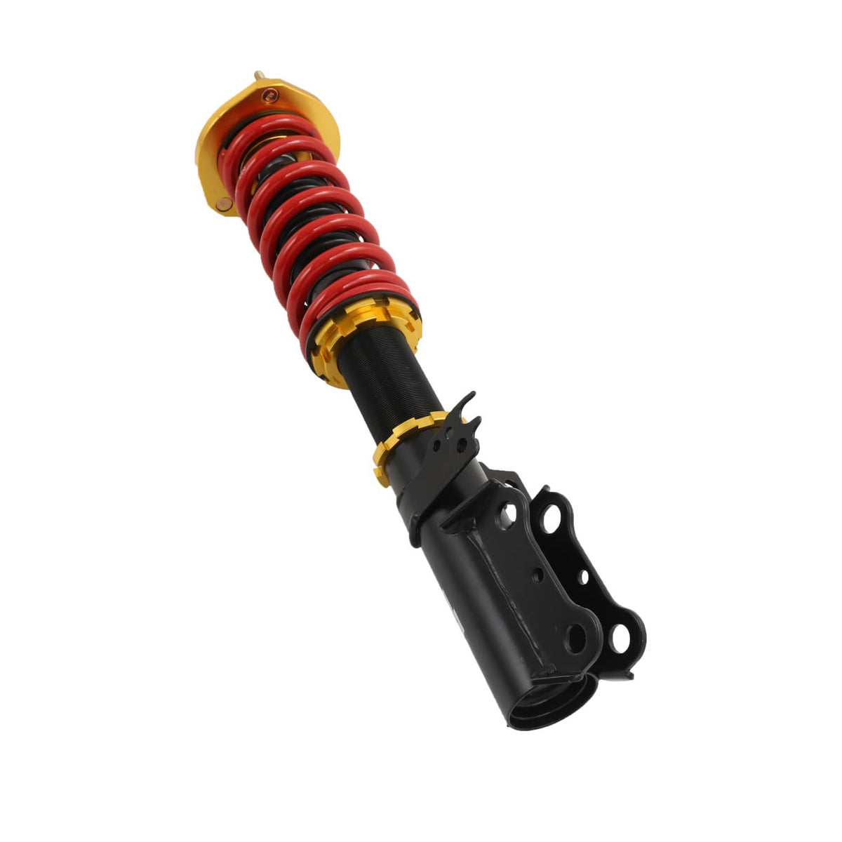 Coilover strut with red coil spring, gold collar, and black shock body