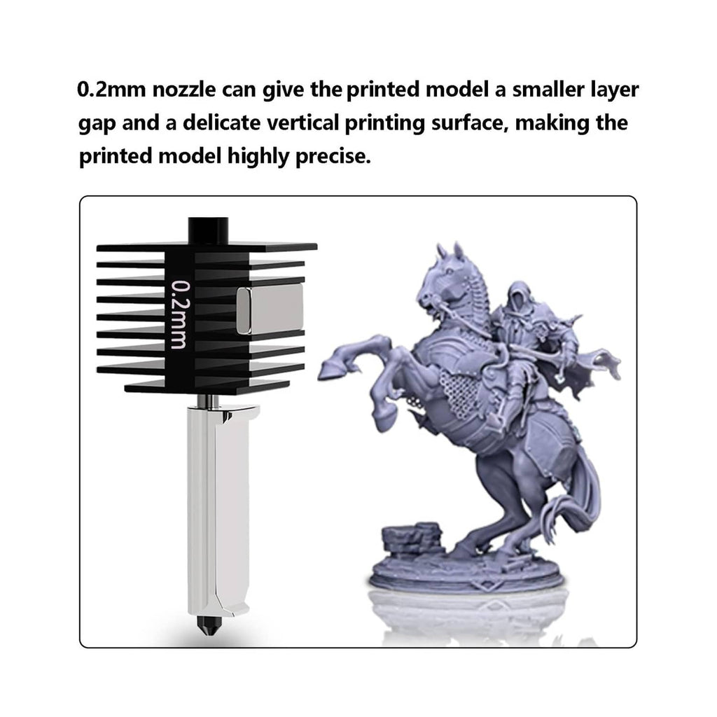 0.2 mm hardened steel hotend nozzle shown for finer layer gap and accurate detail