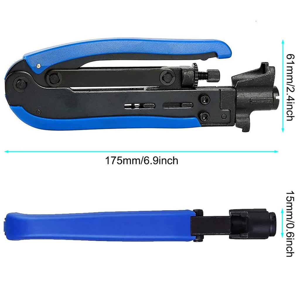 Blue-and-black coax compression crimper with adjustable die and grip handle