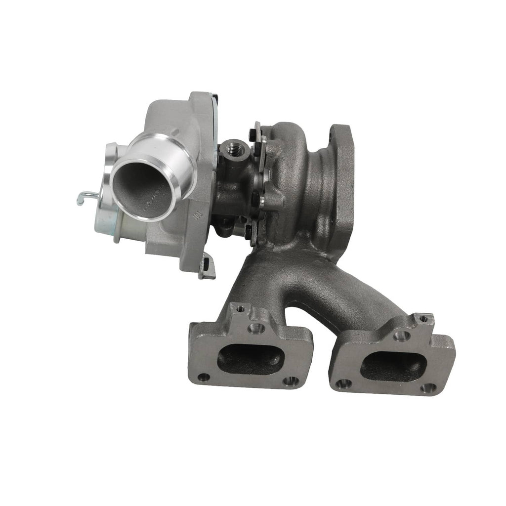 Turbocharger with exhaust side housing and dual mounting flanges, brushed metal