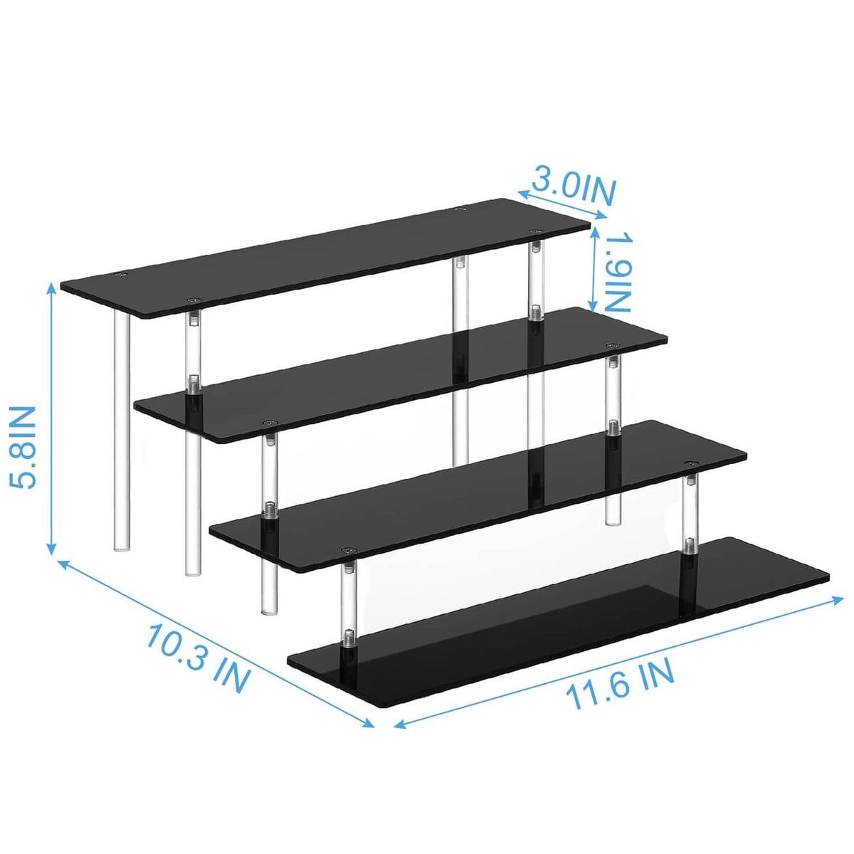 4-tier acrylic organizer stand with black shelves and clear legs, 5.8 in tall