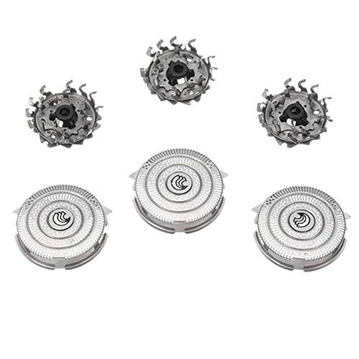 Shaver replacement head set showing assembled heads and cutter blade cores