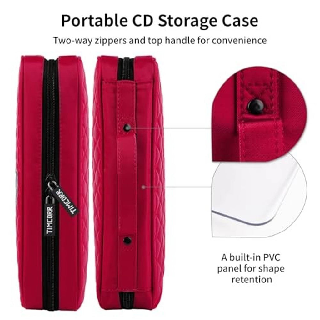 Red CD storage case with two-way zipper and built-in PVC panel for shape retention