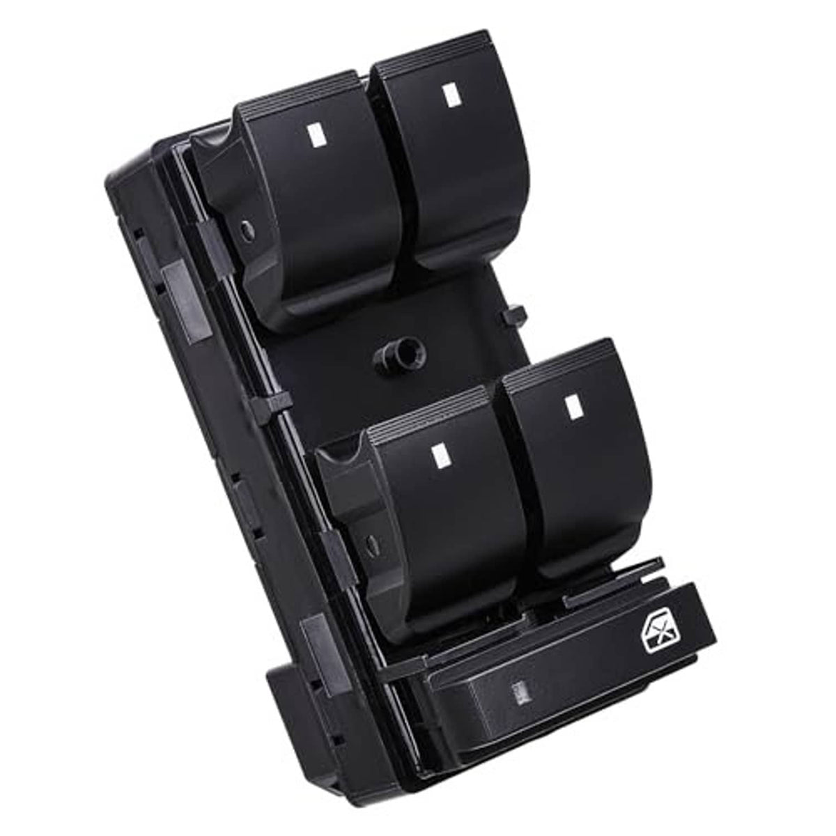 Black power window control switch with rocker buttons and window lock panel icon