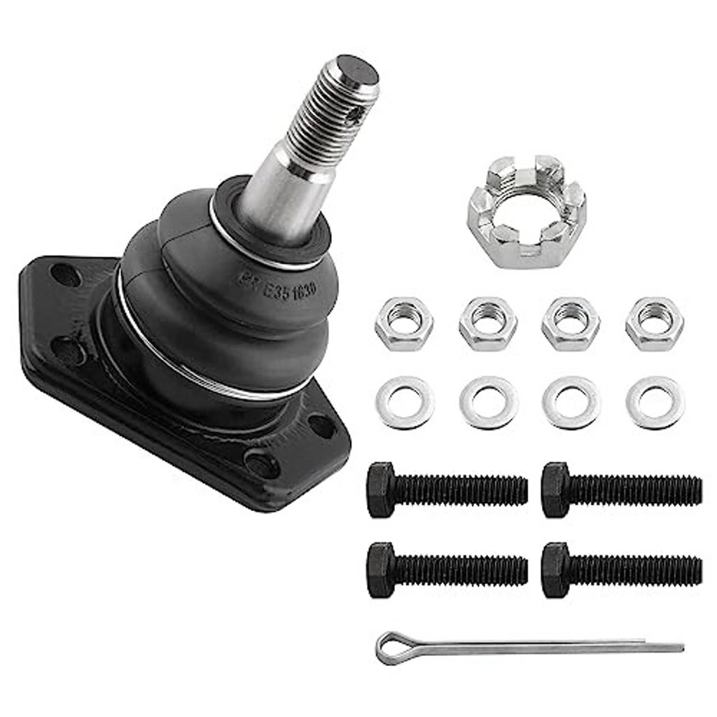 Front upper ball joint kit with black boot, threaded stud, nuts, washers, and bolts.