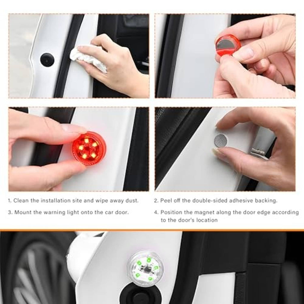 Car door LED warning light setup with magnetic pads and adhesive backing