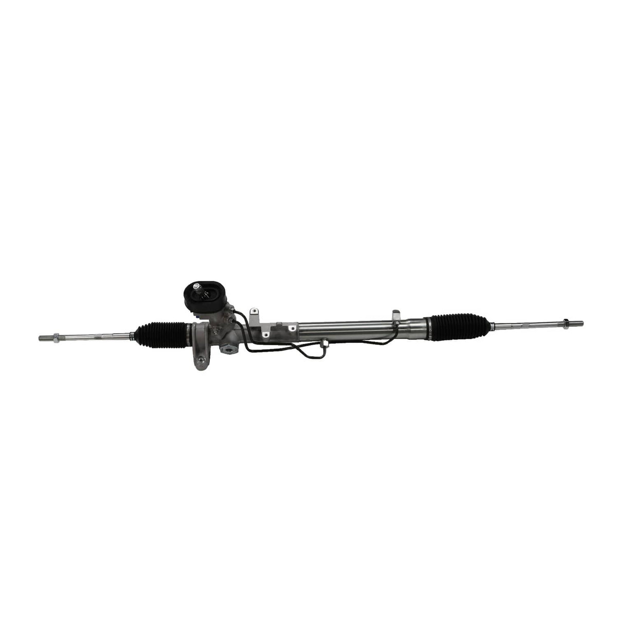 Power steering rack and pinion with two tie rod ends, black rubber boots, silver housing