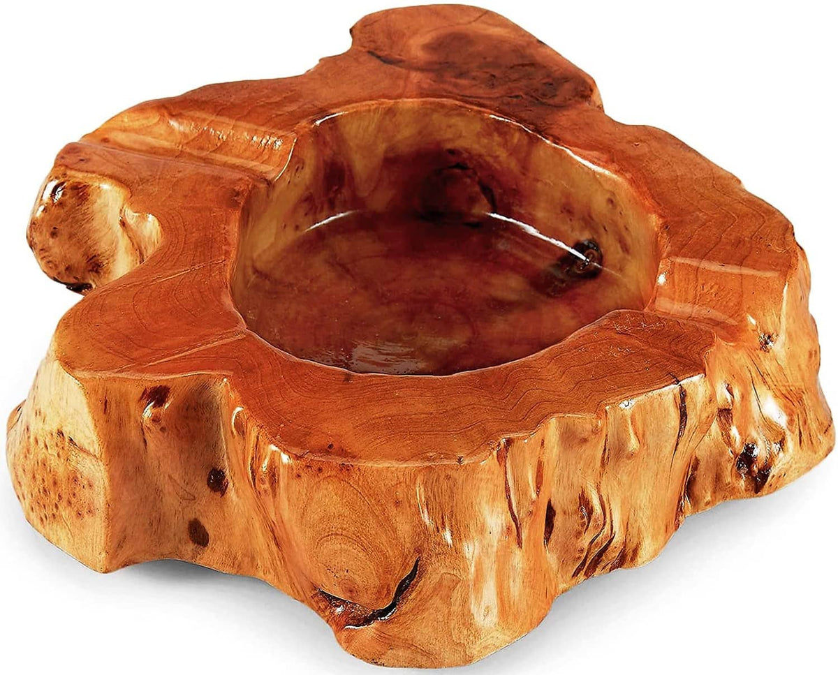 Wooden cigar ashtray with scalloped carved edges, cigar rest groove, polished light brown wood