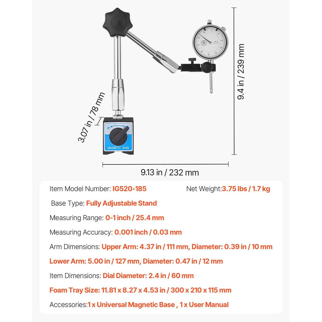 Dial test indicator with magnetic base, adjustable arm, and round gauge with measuring probe