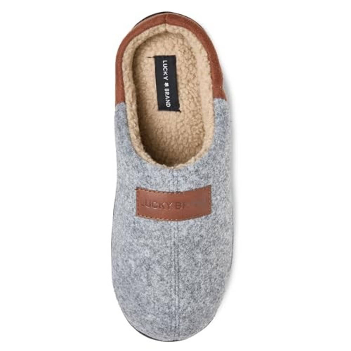 Light grey fleece clog slippers with brown collar trim and oval patch, open back