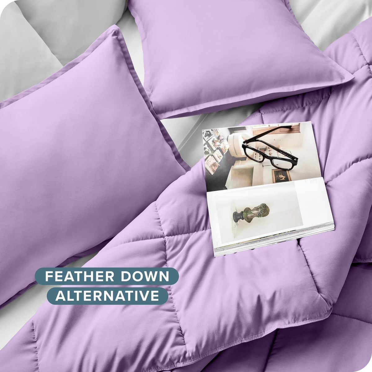 Lavender pillow sham and comforter with stitched edge detailing and folded cards