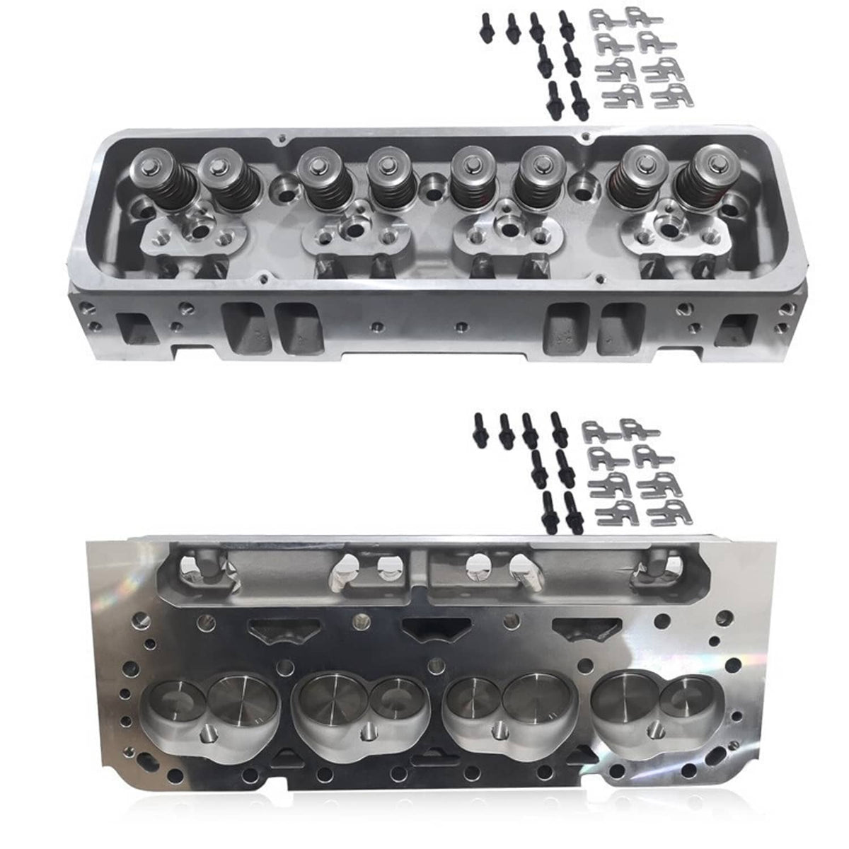 Aluminum cylinder head with installed valve train and bolts, silver finish
