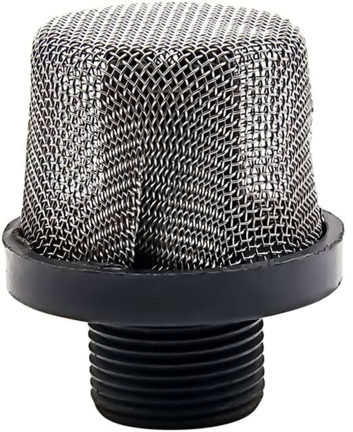 Steel mesh suction strainer cap with black threaded base, close-up