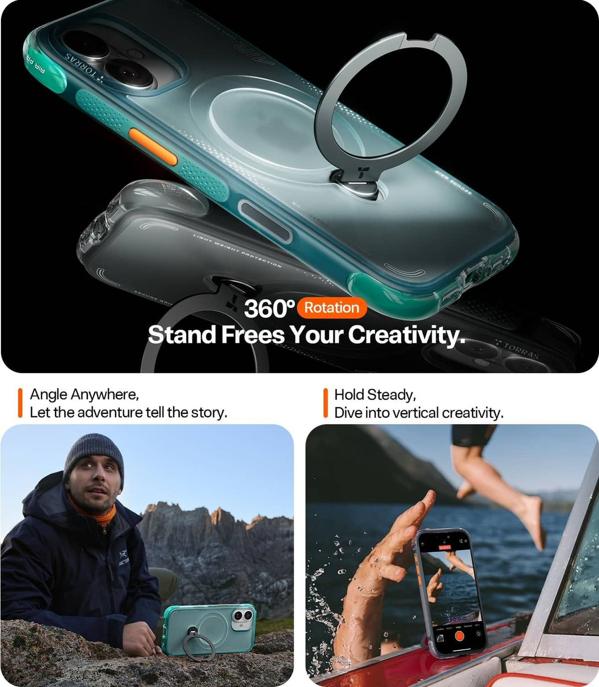 Teal phone case with rotating circular stand ring and camera cutouts