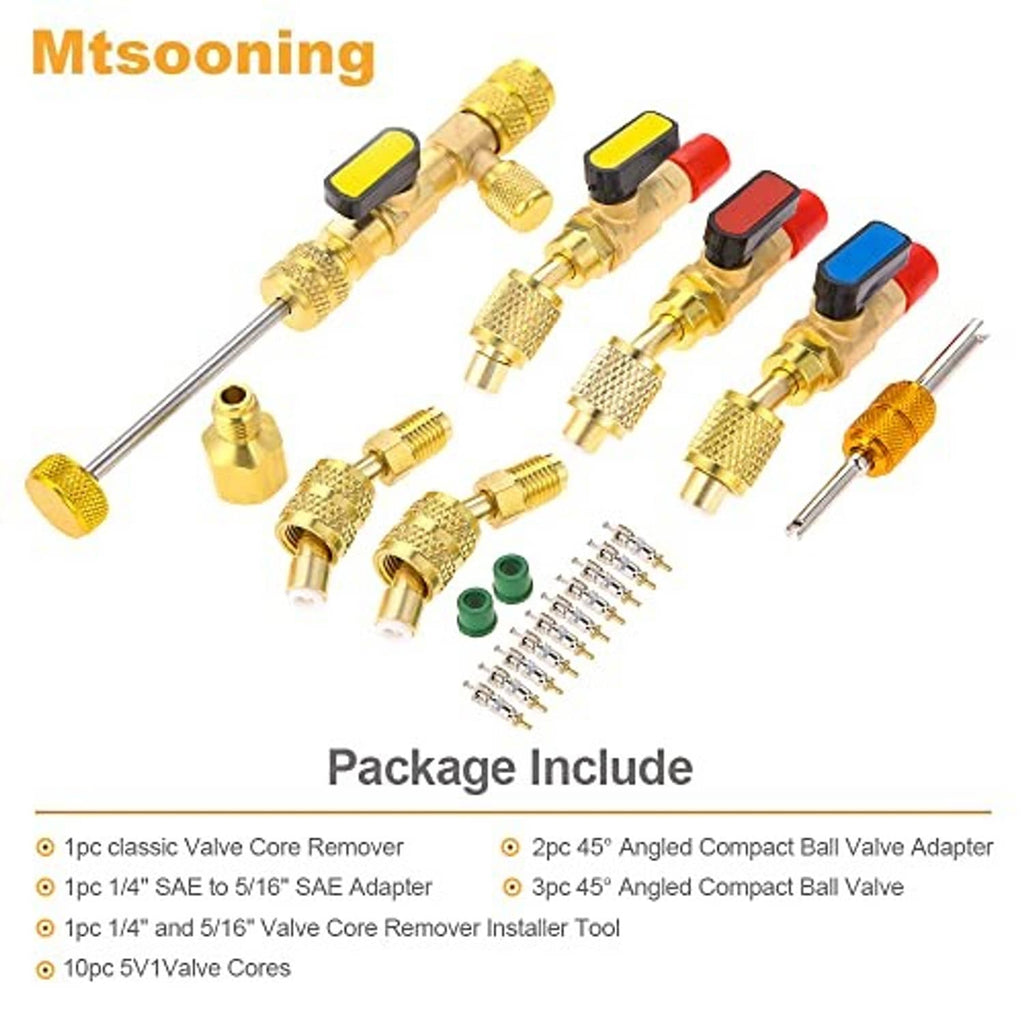 Brass refrigerant service kit showing multiple adapters, angled ball valves, and valve cores