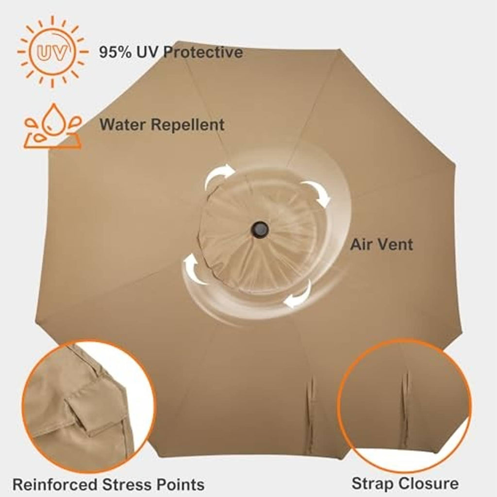 Tan umbrella replacement canopy with air vent, reinforced stress points, and strap closure