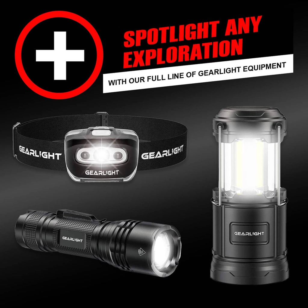 GearLight lighting lineup: flashlight, headlamp, and lantern in black designs