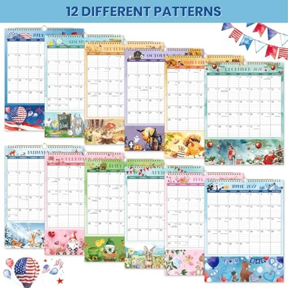 Pocket calendar showing 12 different seasonal patterns in a collage