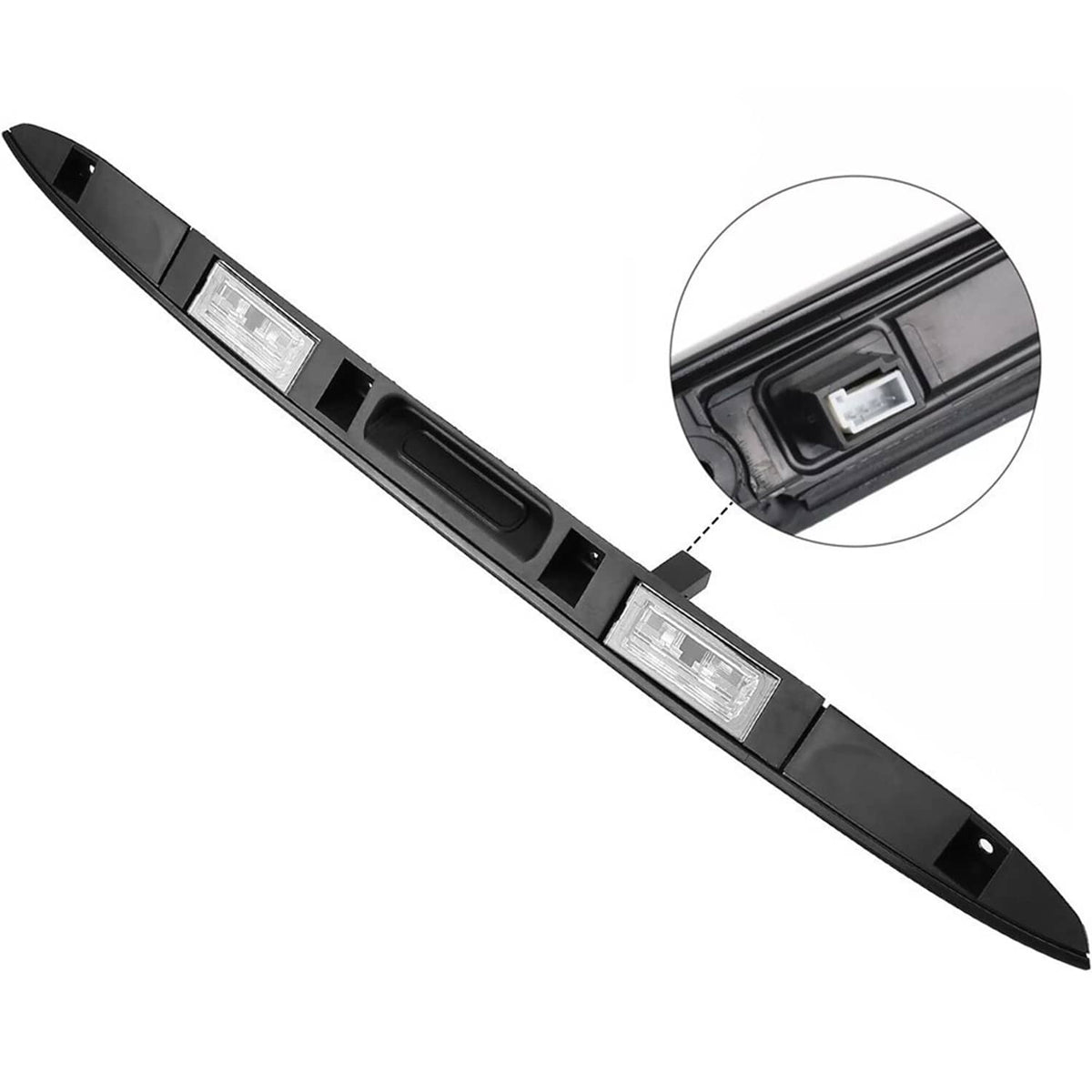 Black tailgate grip handle trim with clear light lens and mounting holes