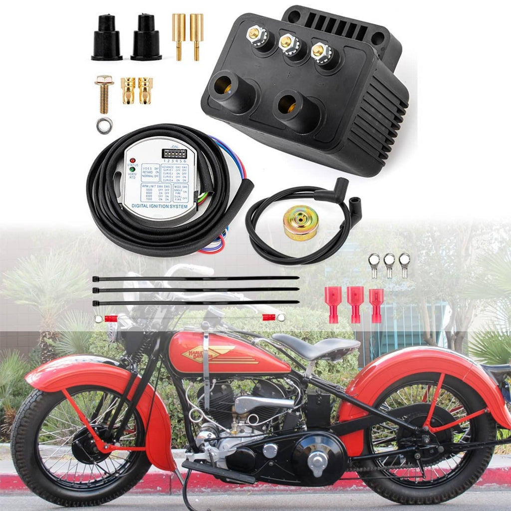 Ignition coil kit with control module, rotor cap, black wiring harness, and mounting pins