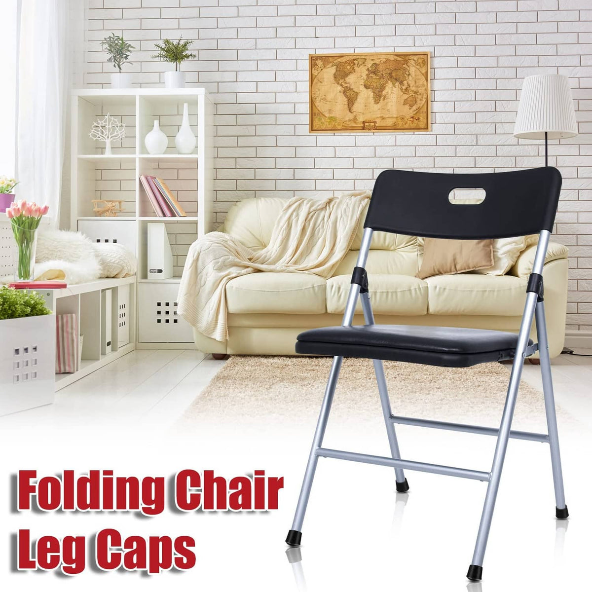 Black rubber folding chair leg caps installed on the chair legs