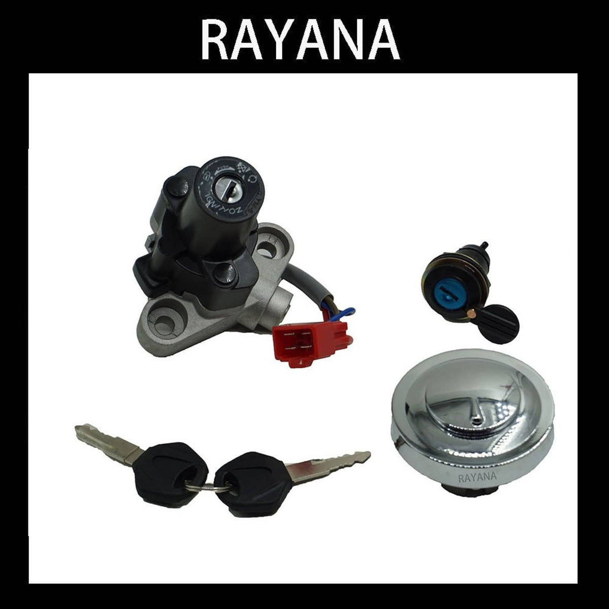 Ignition switch and seat lock with keys, includes connector and red plug