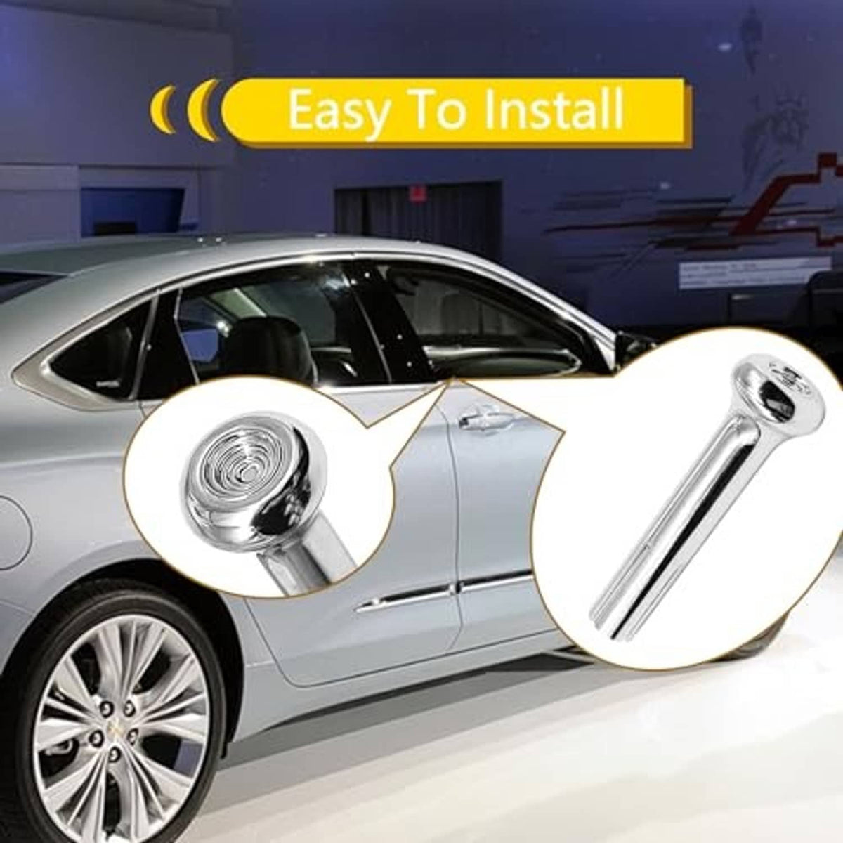 Chrome door lock knob installed on car interior panel, round head with keyhole opening