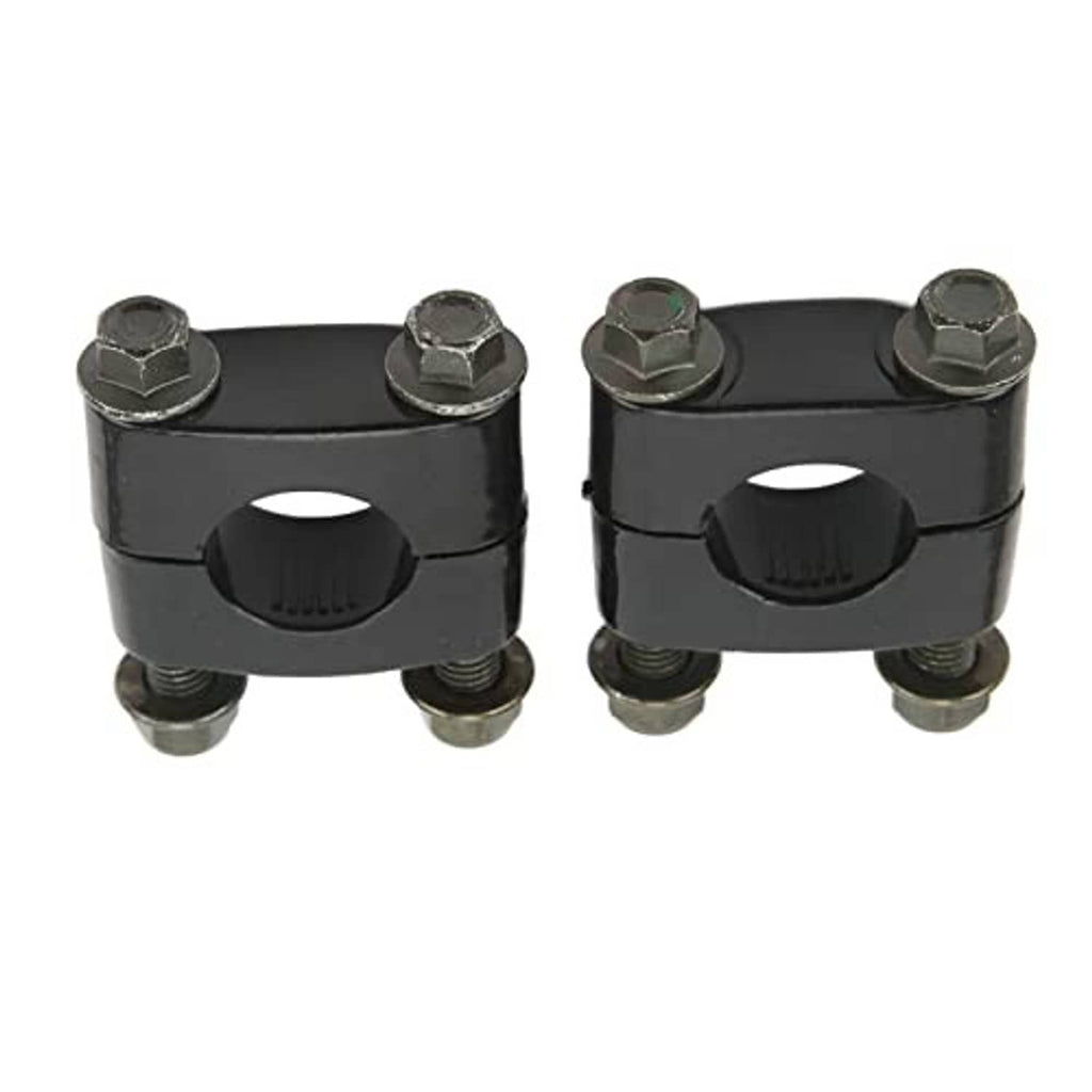 Two black handlebar riser clamps with four bolts and textured grip slot
