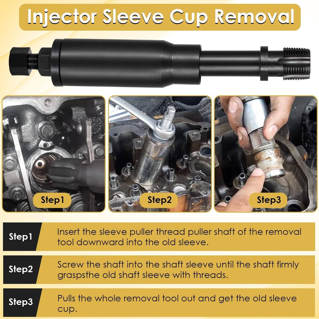 Injector sleeve cup removal tool with long black shaft and threaded puller end