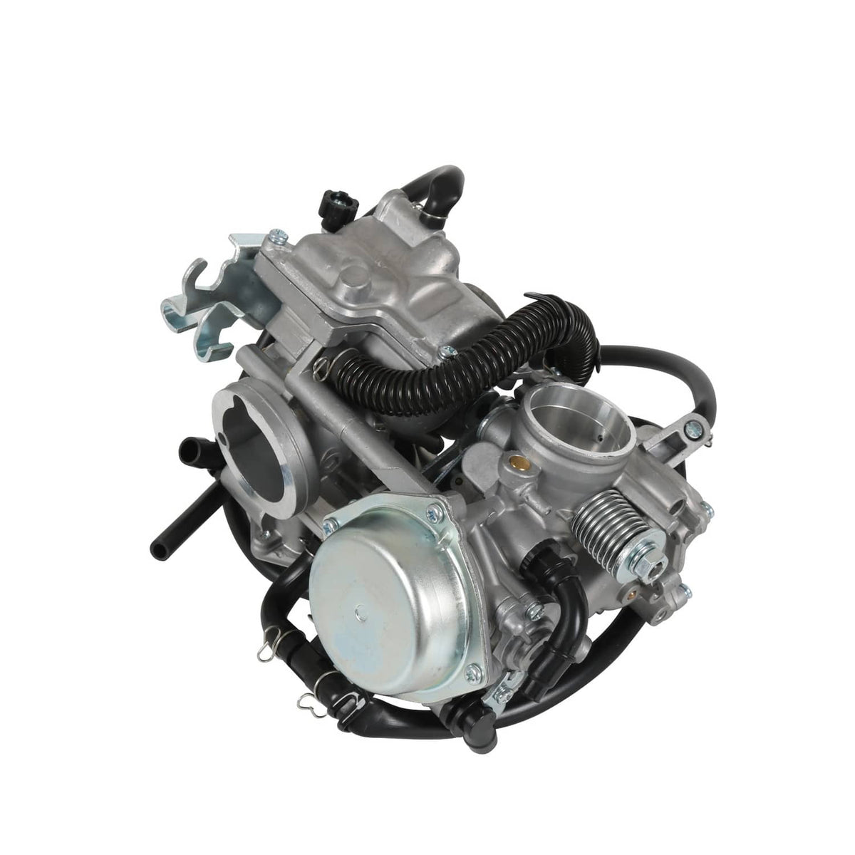 Silver carburetor assembly with black choke spring and round vent cap