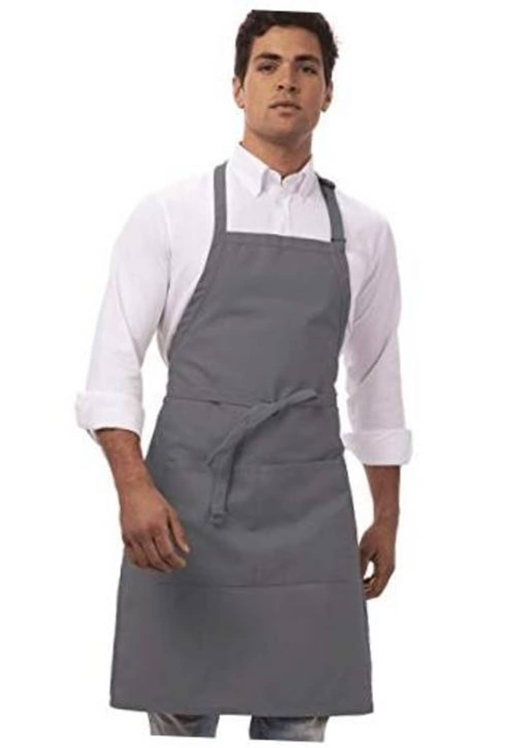 Gray unisex butcher apron with neck strap and waist ties, front bib pocket