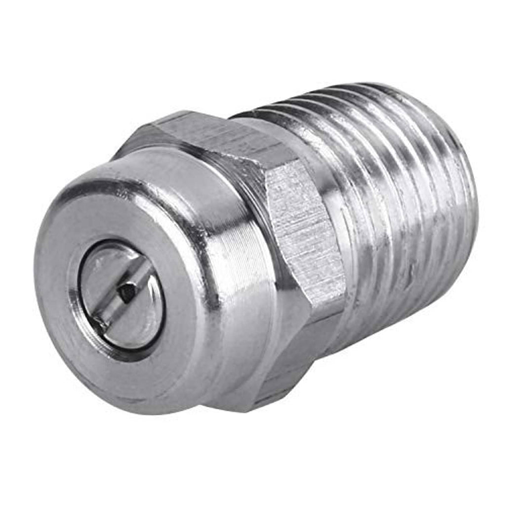Stainless steel pressure washer nozzle with hex collar, circular insert, and fine threads