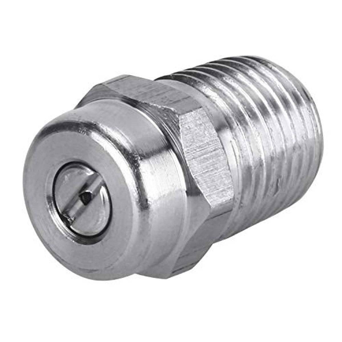 Stainless steel pressure washer nozzle with hex collar, circular insert, and fine threads